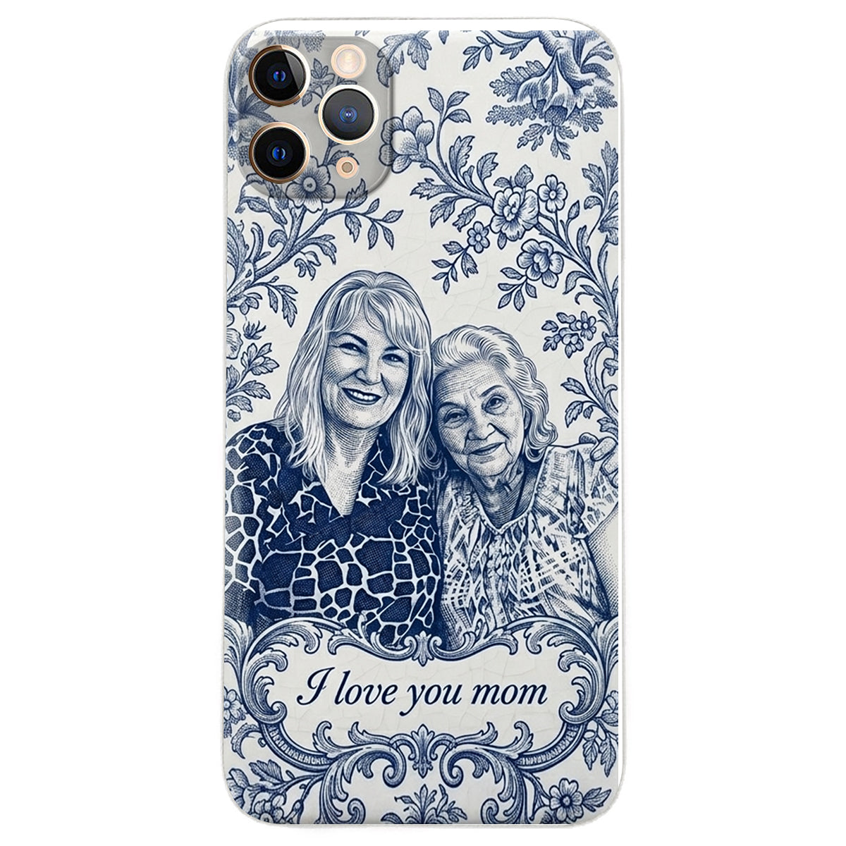 Idée Cadeau Maman, Motif Toile De Jouy Bleue - Coque de Téléphone en Cuir Personnalisée 3D