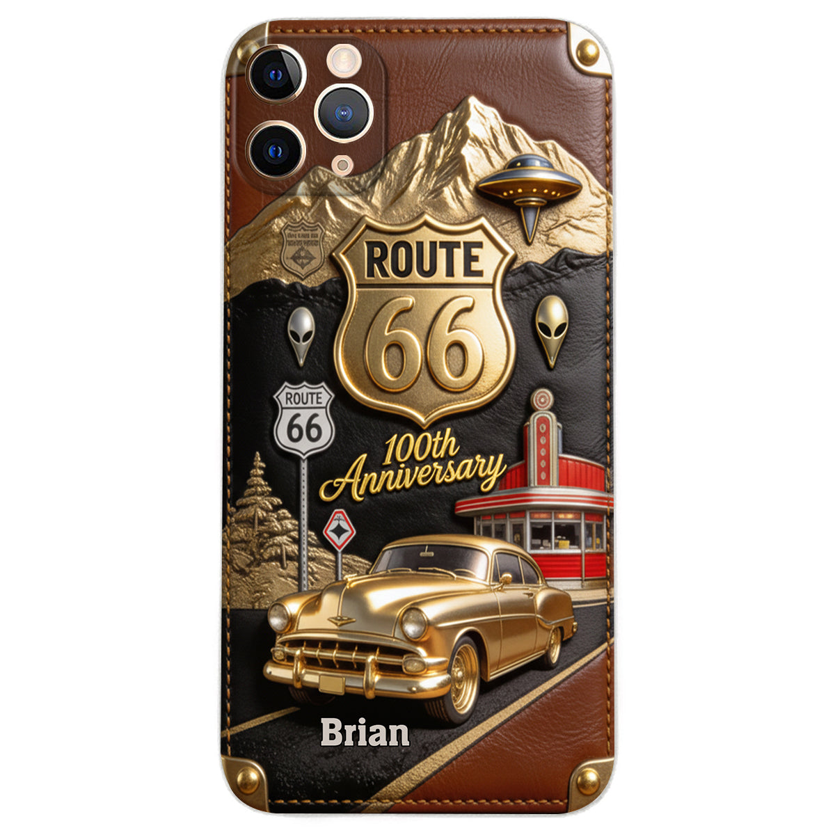 Étui de téléphone en cuir personnalisé pour les passionnés de voitures, à l'occasion du 100e anniversaire de la Route 66