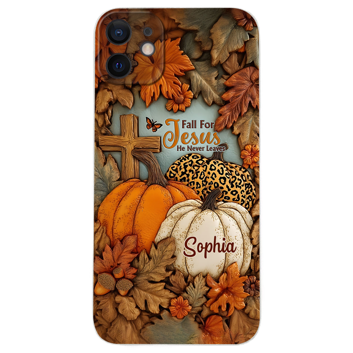 Fall for Jesus, He Never Leaves - Personalized Christian Leather Phone Case