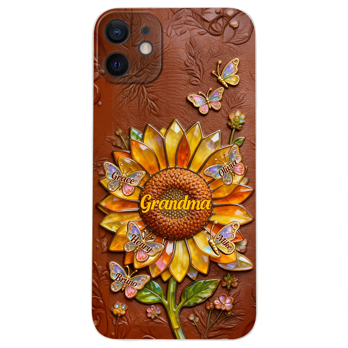 Grandma Sunflower - Personalized Grandma 3D Embossed Leather Phone Case