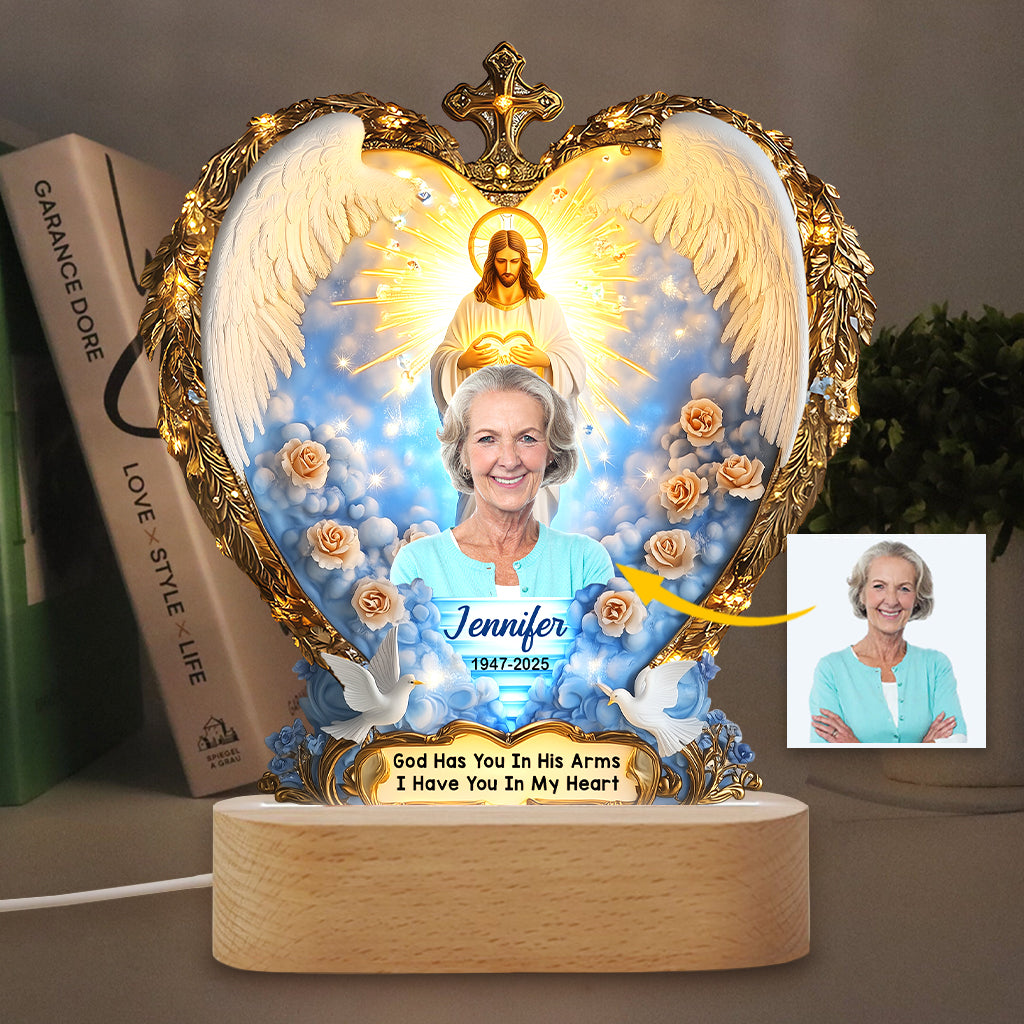God Has You In His Arms - Personalized Memorial Shaped Plaque Light Base