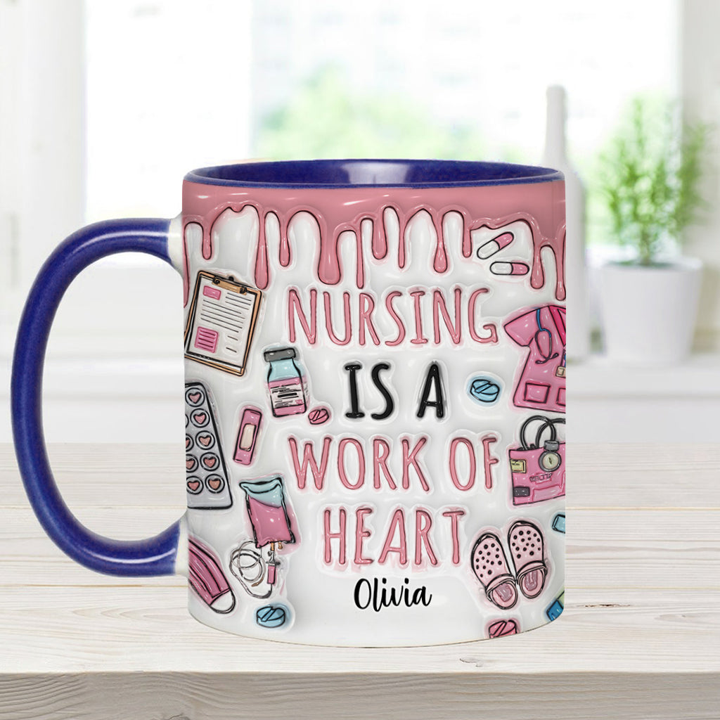 Nursing Is A Work Of Heart - Personalized Nurse Accent Mug