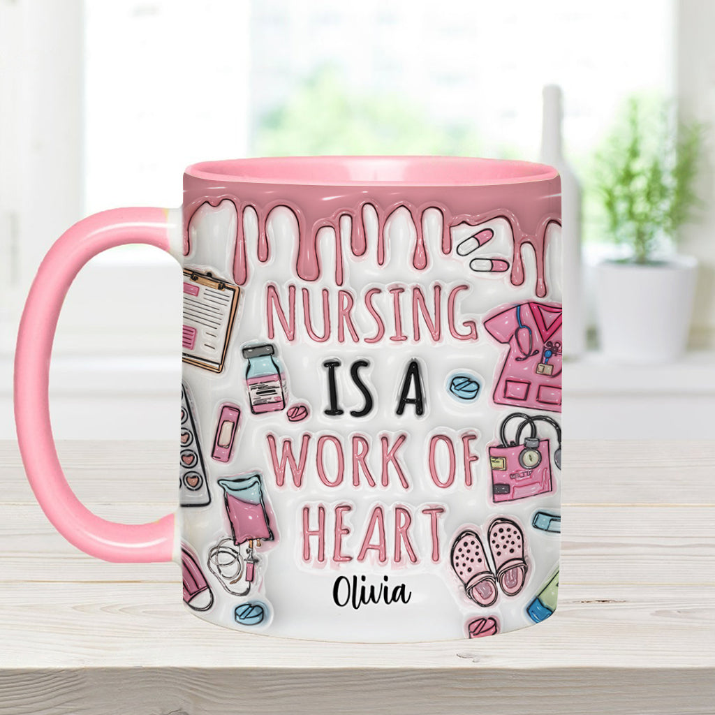 Nursing Is A Work Of Heart - Personalized Nurse Accent Mug