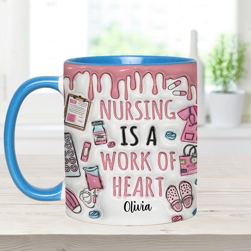 Nursing Is A Work Of Heart - Personalized Nurse Accent Mug
