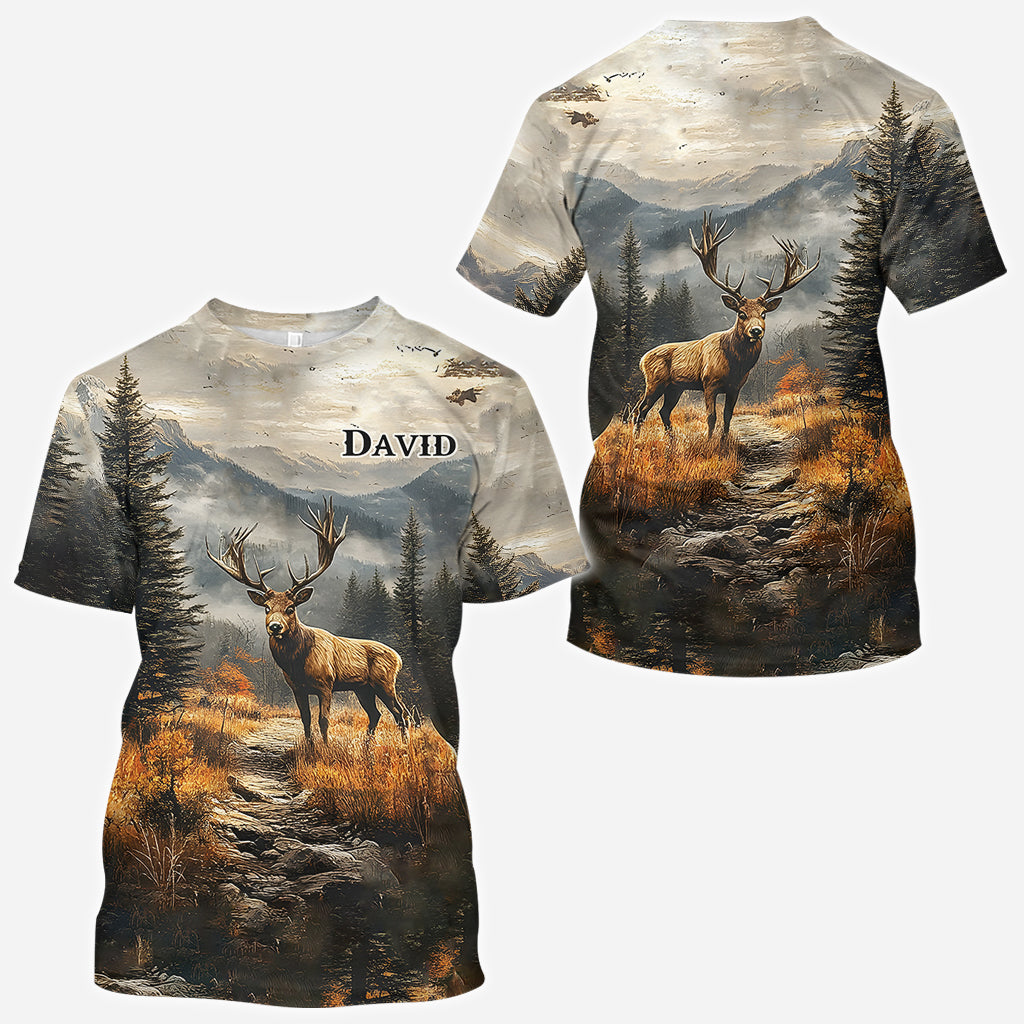 T-shirt de chasse personnalisé « Beau cerf » avec nom au choix - Motif : cerf magnifique