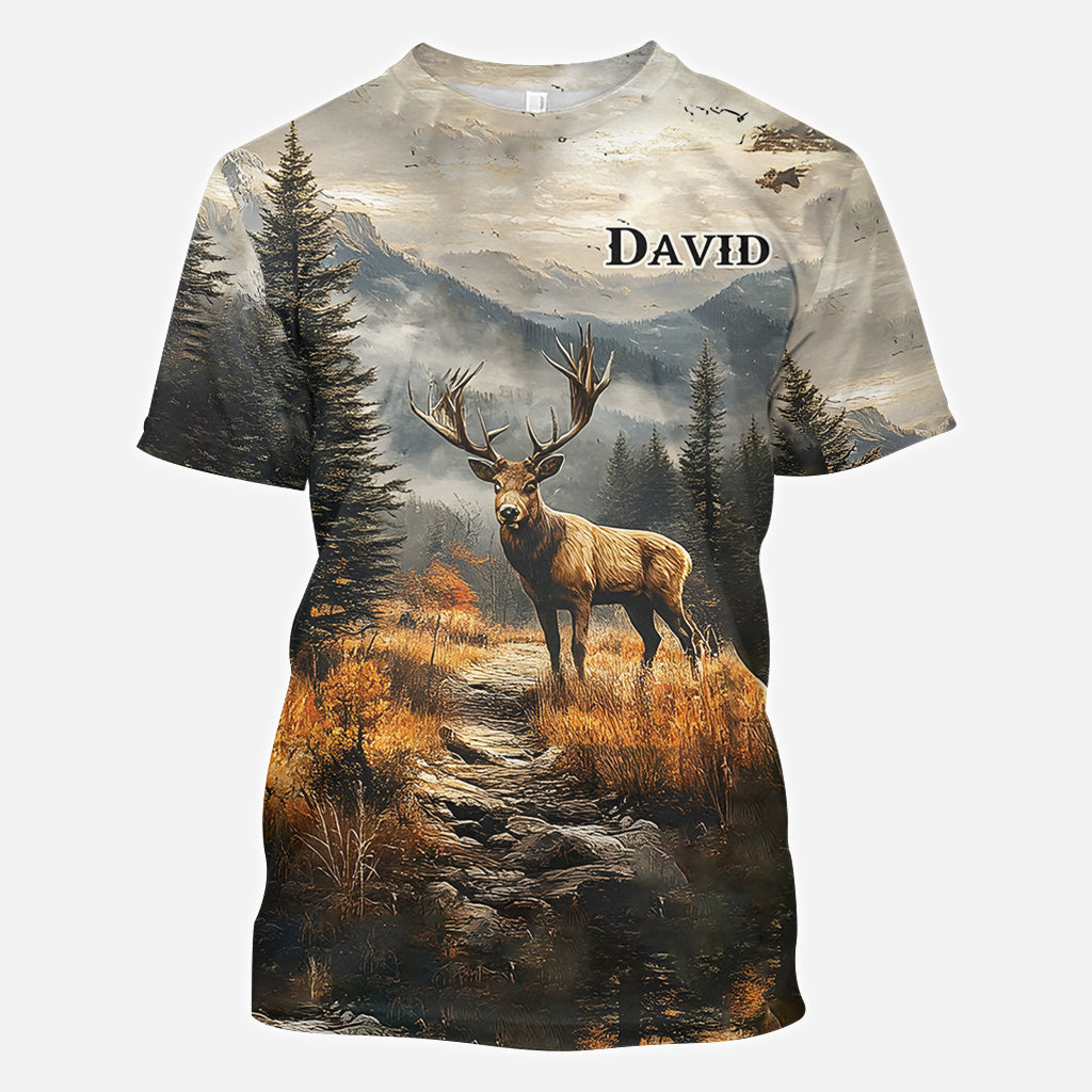 T-shirt de chasse personnalisé « Beau cerf » avec nom au choix - Motif : cerf magnifique
