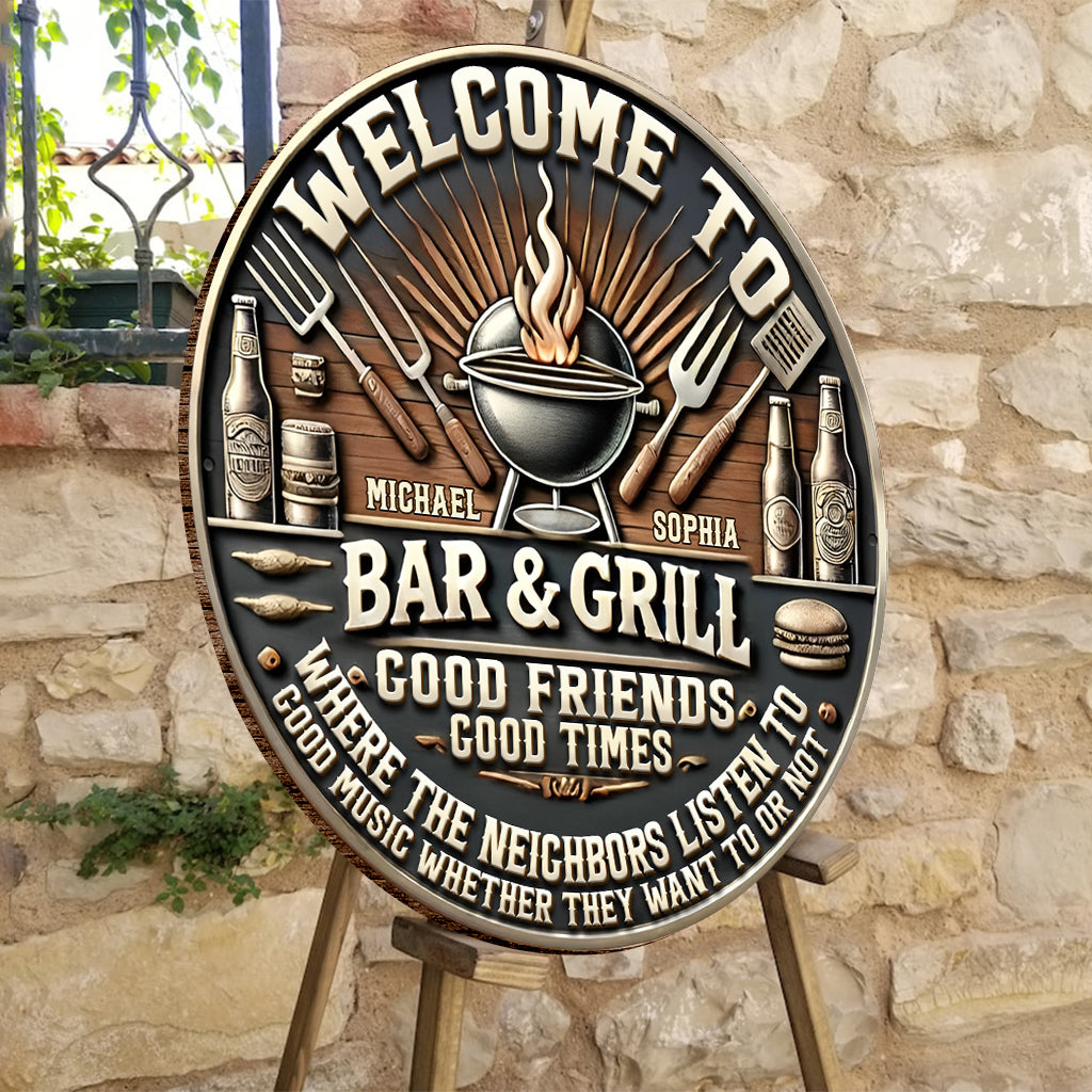 Barbecue sur la terrasse, écoutez de la bonne musique - Panneau rond en bois personnalisé pour couples