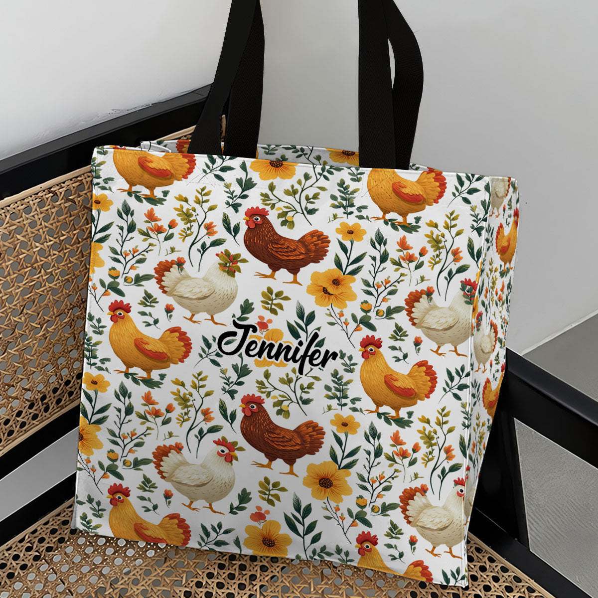 Sac fourre-tout en toile personnalisé avec imprimé de poules fleuries mignonnes - Sac fourre-tout en toile à motif de poules imprimées sur toute la surface