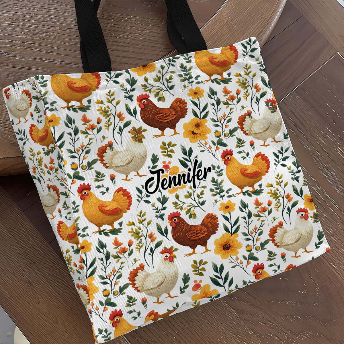 Sac fourre-tout en toile personnalisé avec imprimé de poules fleuries mignonnes - Sac fourre-tout en toile à motif de poules imprimées sur toute la surface