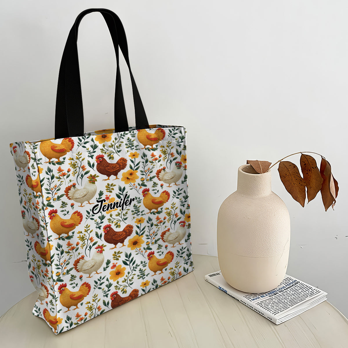 Sac fourre-tout en toile personnalisé avec imprimé de poules fleuries mignonnes - Sac fourre-tout en toile à motif de poules imprimées sur toute la surface
