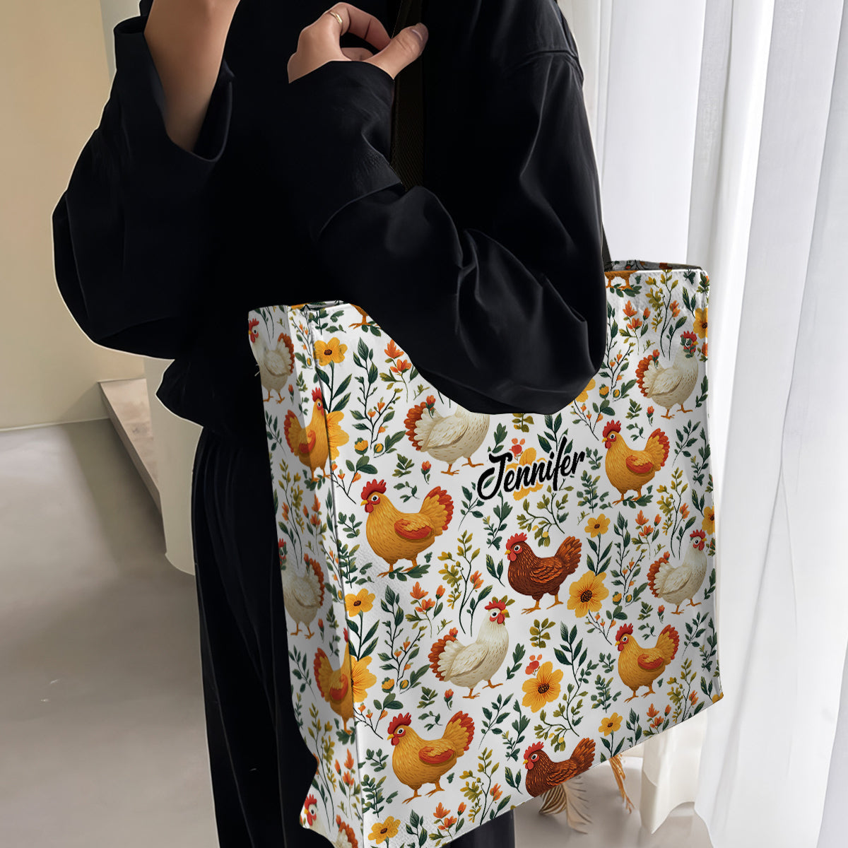 Sac fourre-tout en toile personnalisé avec imprimé de poules fleuries mignonnes - Sac fourre-tout en toile à motif de poules imprimées sur toute la surface