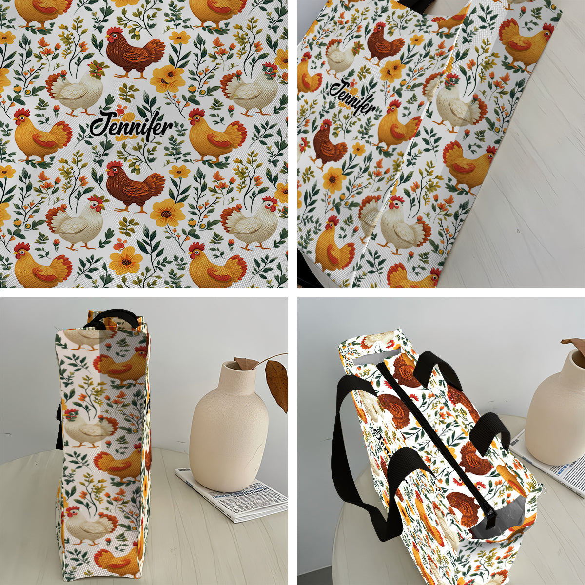 Sac fourre-tout en toile personnalisé avec imprimé de poules fleuries mignonnes - Sac fourre-tout en toile à motif de poules imprimées sur toute la surface