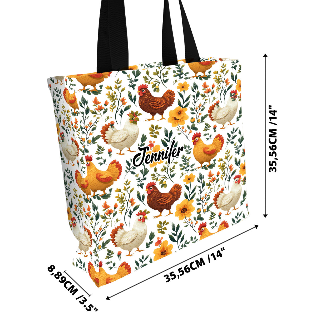 Sac fourre-tout en toile personnalisé avec imprimé de poules fleuries mignonnes - Sac fourre-tout en toile à motif de poules imprimées sur toute la surface
