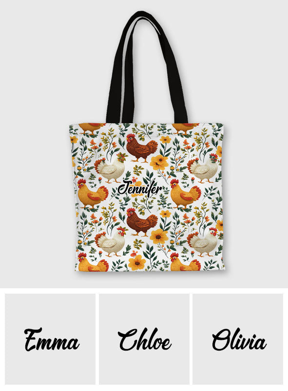 Sac fourre-tout en toile personnalisé avec imprimé de poules fleuries mignonnes - Sac fourre-tout en toile à motif de poules imprimées sur toute la surface