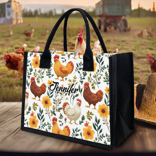 Sac fourre-tout en toile personnalisé avec de jolies poules fleuries - Sac fourre-tout à motif poules mignonnes