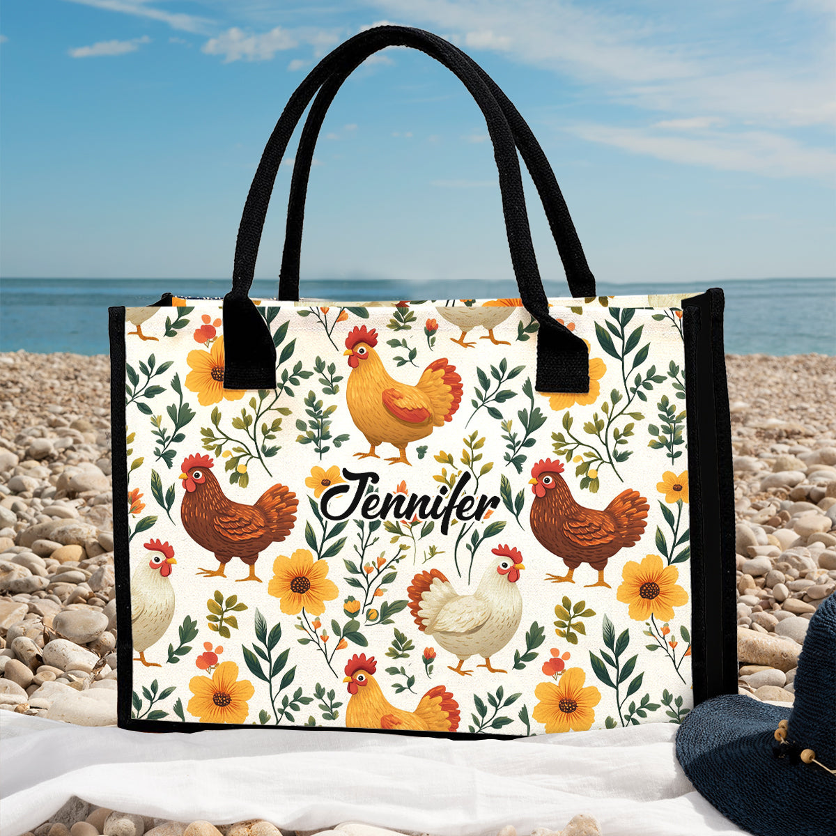 Sac fourre-tout en toile personnalisé avec de jolies poules fleuries - Sac fourre-tout à motif poules mignonnes