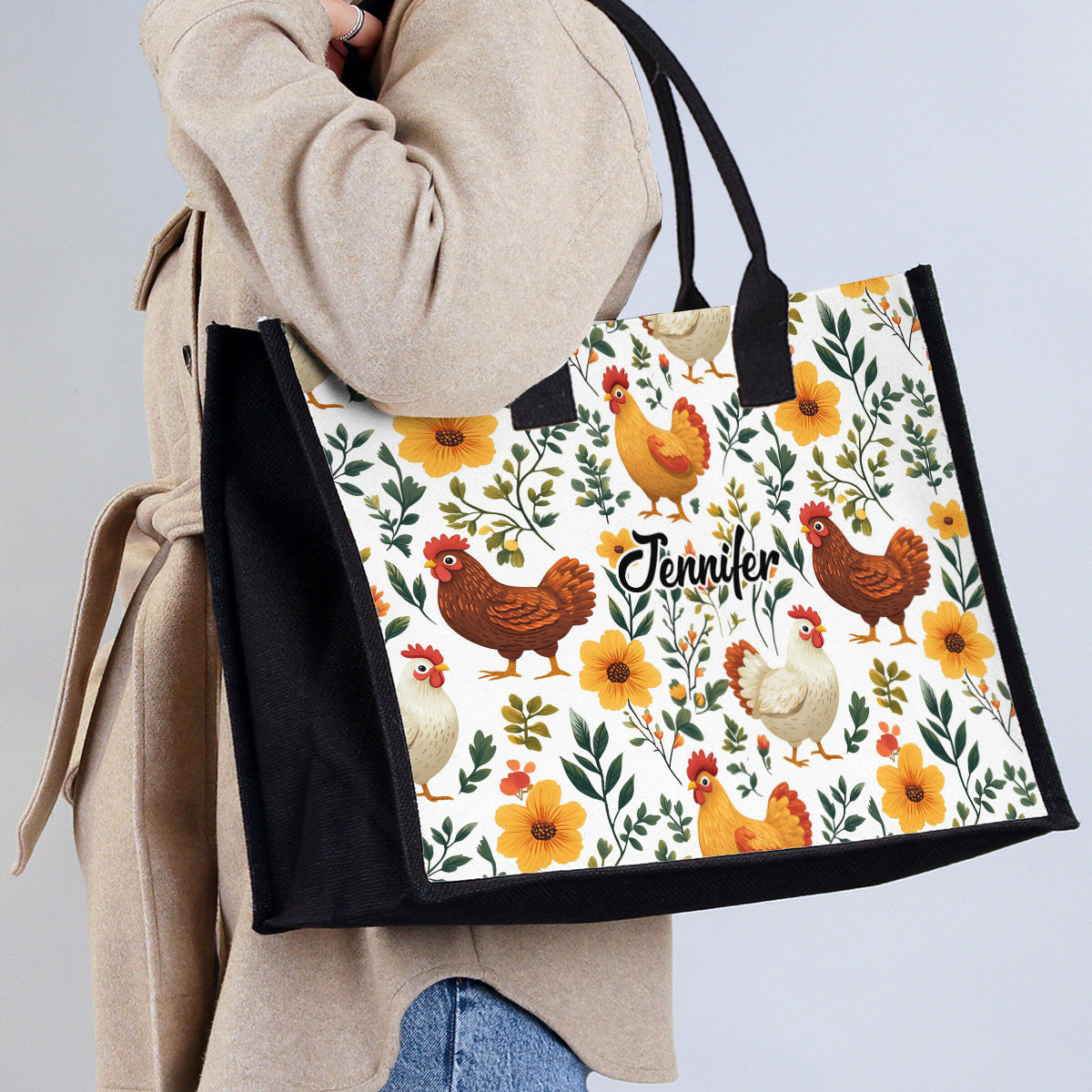 Sac fourre-tout en toile personnalisé avec de jolies poules fleuries - Sac fourre-tout à motif poules mignonnes