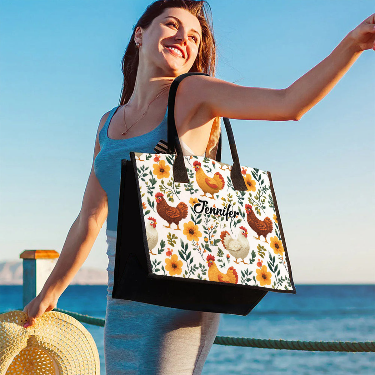 Sac fourre-tout en toile personnalisé avec de jolies poules fleuries - Sac fourre-tout à motif poules mignonnes