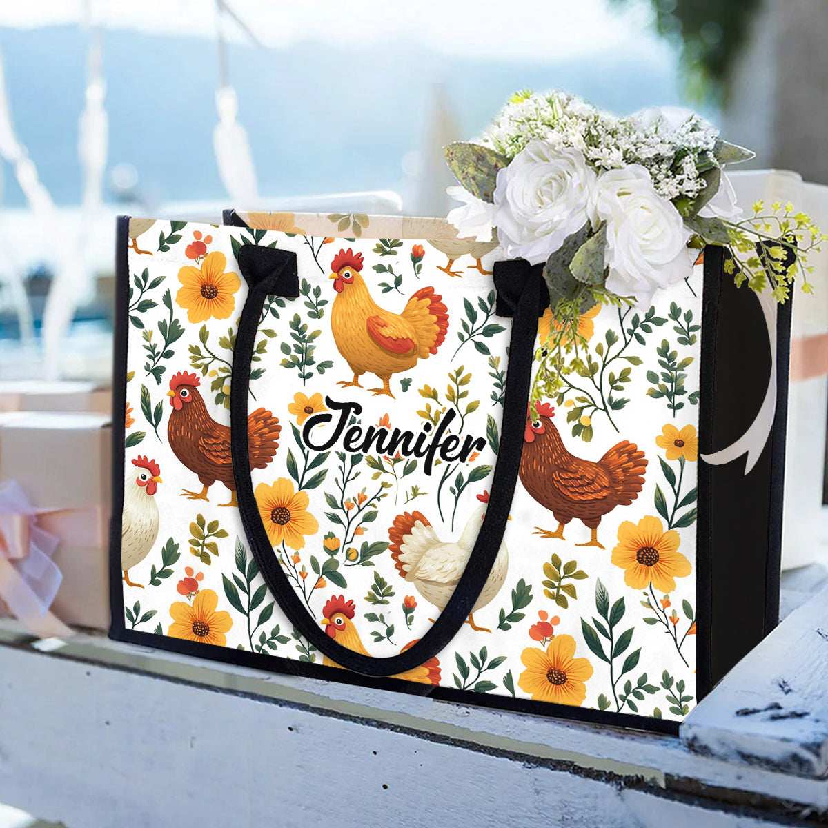 Sac fourre-tout en toile personnalisé avec de jolies poules fleuries - Sac fourre-tout à motif poules mignonnes