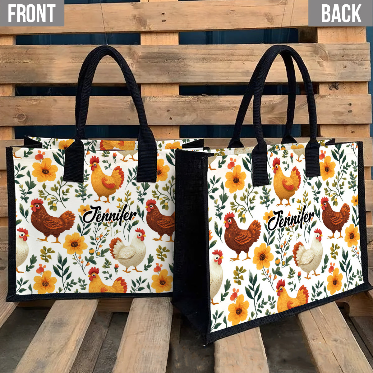 Sac fourre-tout en toile personnalisé avec de jolies poules fleuries - Sac fourre-tout à motif poules mignonnes