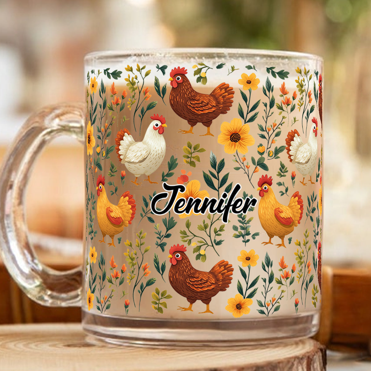 Cute Floral Chickens - Personalized Chicken Glass Mug