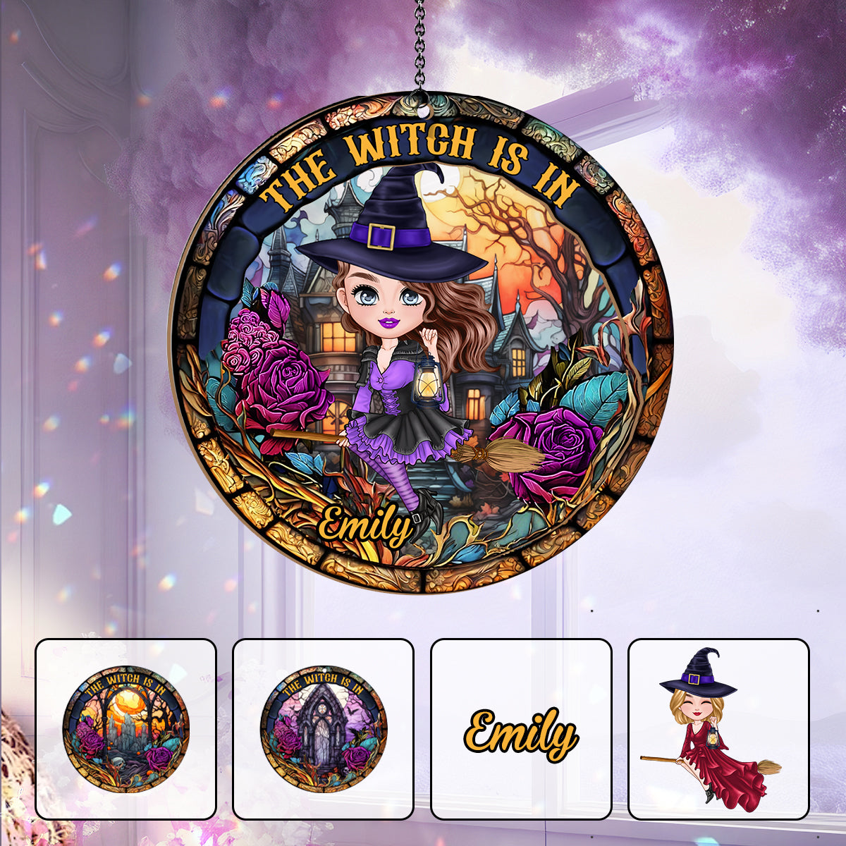 La sorcière est là ! Attrape-soleil personnalisé à 2 couches, à suspendre à la fenêtre.