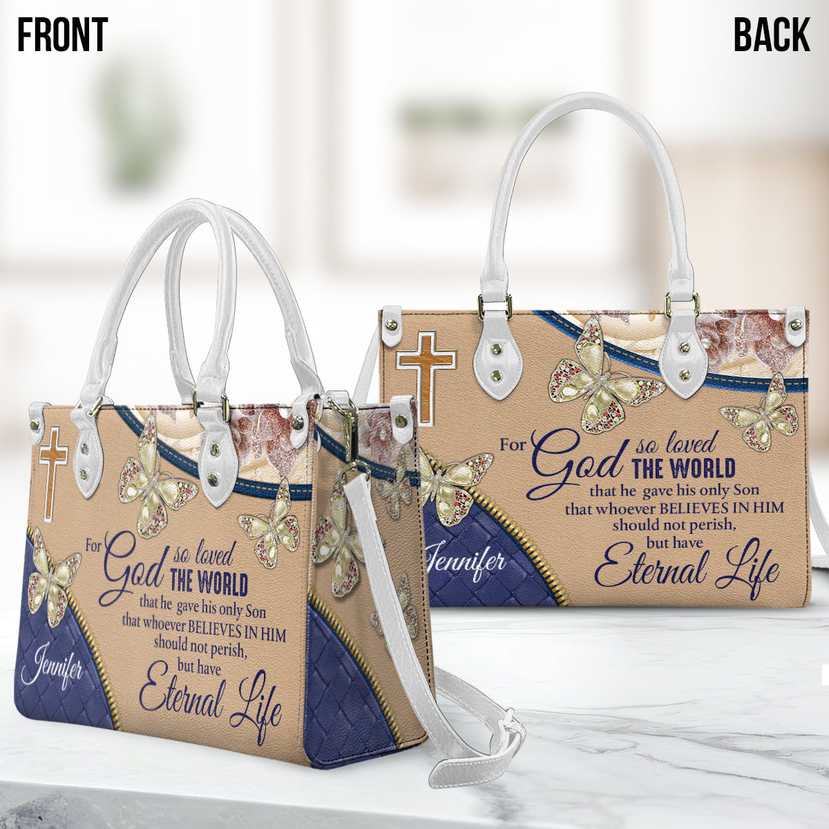 For God So Loved The World - Personalized Butterfly Leather Handbag