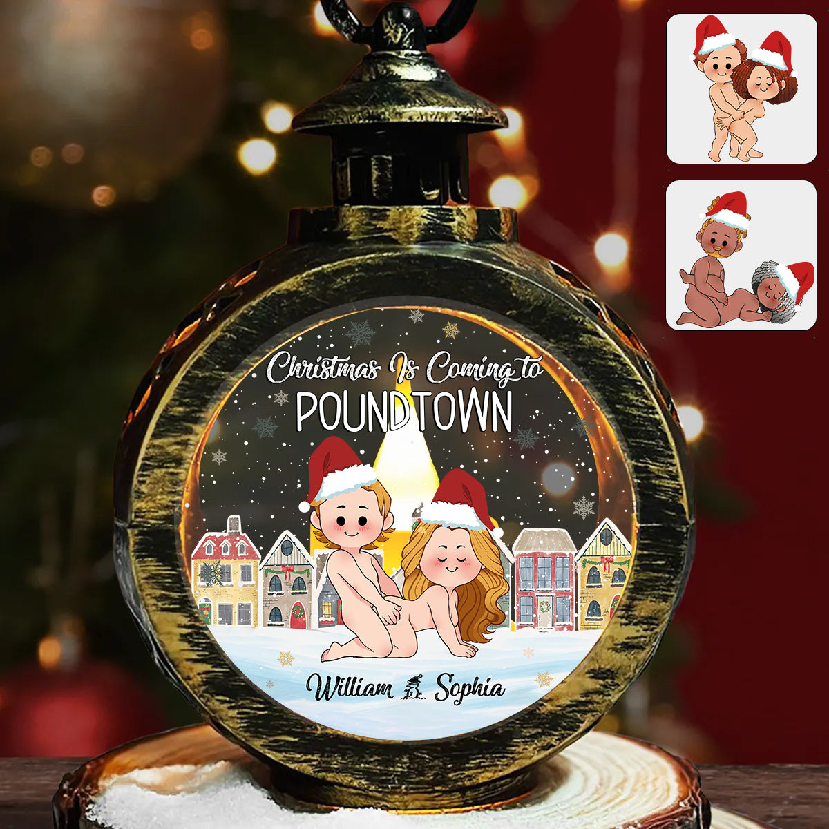 Noël arrive à Poundtown - Lanterne ronde personnalisée pour couple avec lumière