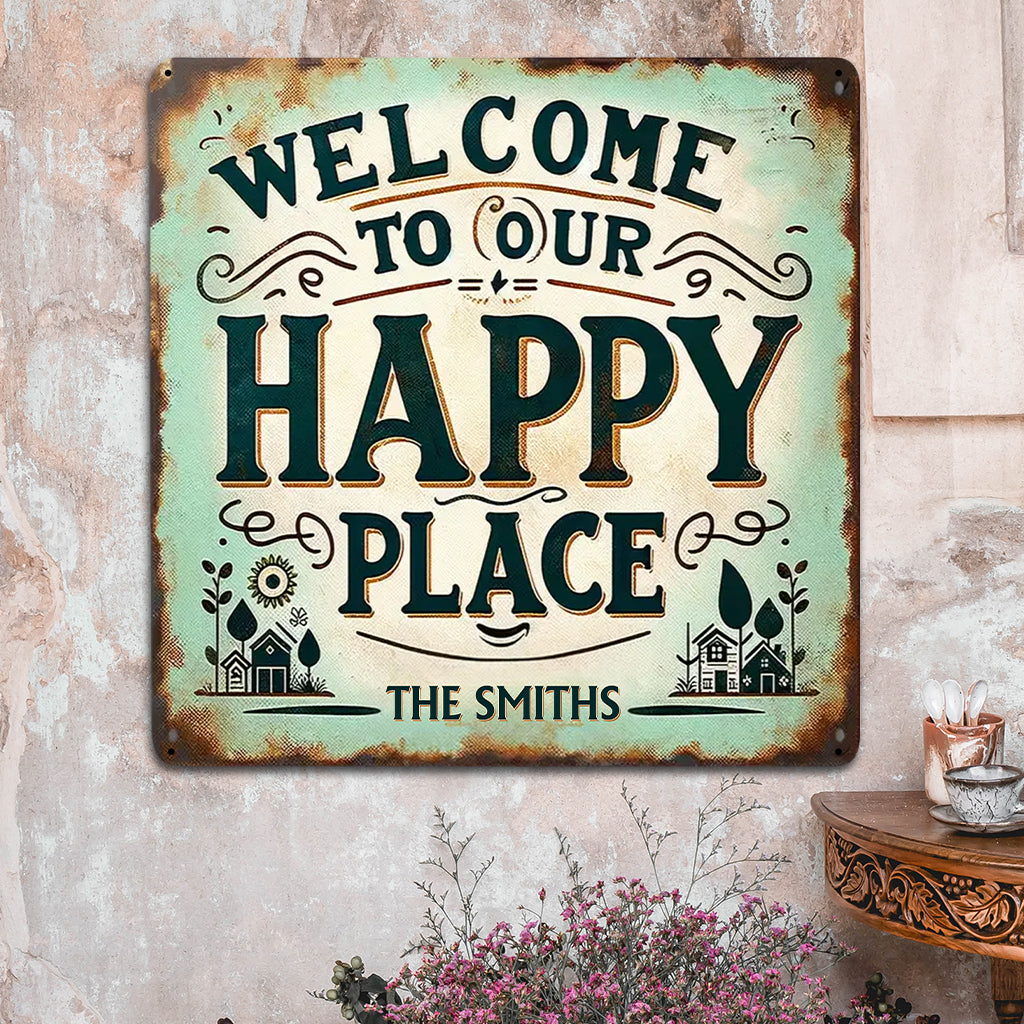 Happy Place - Personalized Family Cut Metal Sign