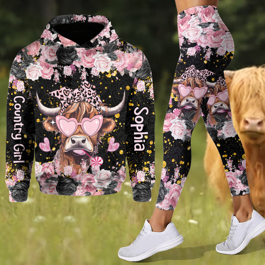 Black And Pink - Personalized Highland Cow Hoodie and Leggings