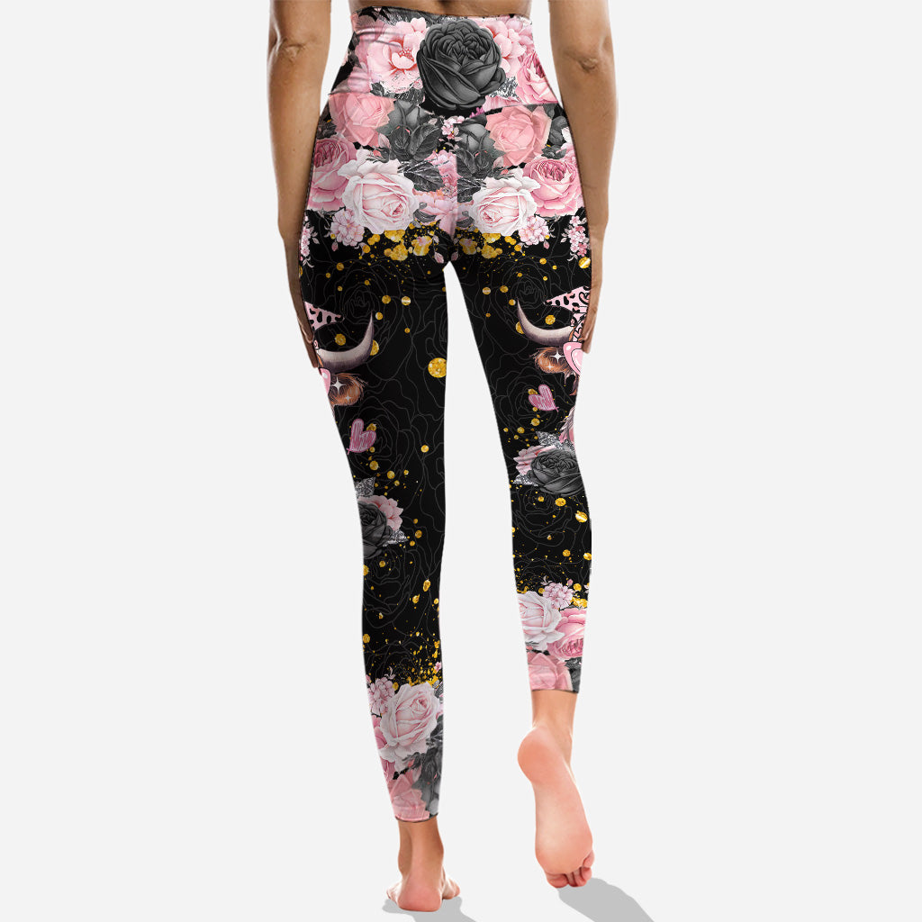 Noir et rose - Ensemble sweat à capuche et legging personnalisés Highland Cow