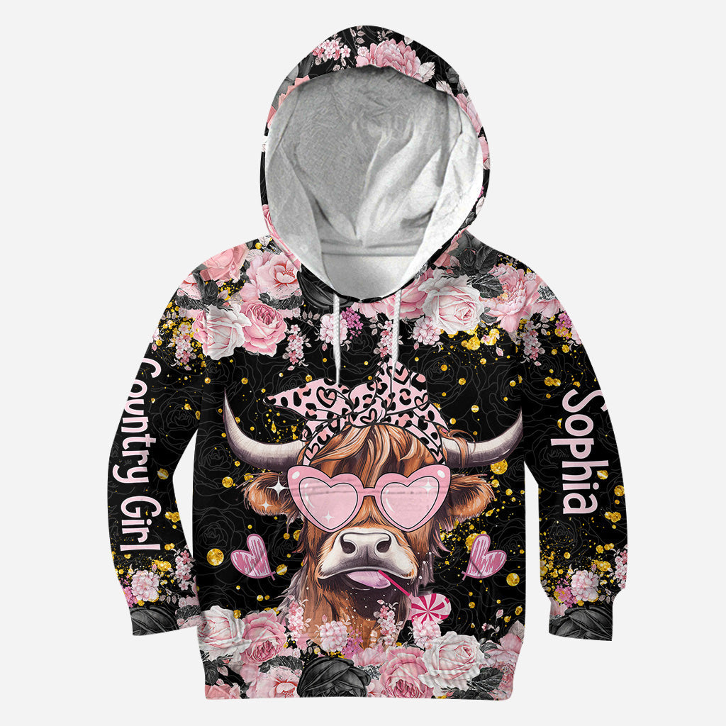 Noir et rose - Ensemble sweat à capuche et legging personnalisés Highland Cow