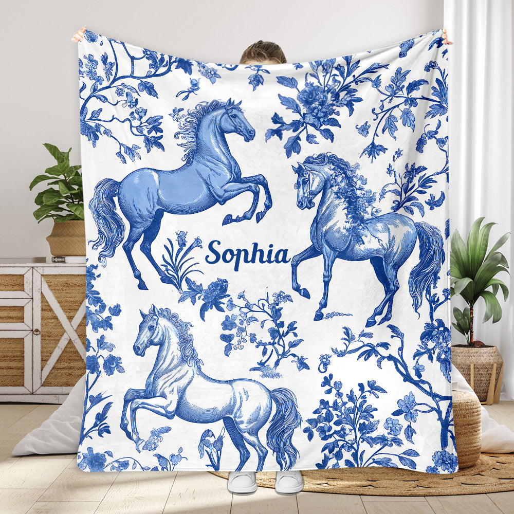 Couverture personnalisée pour cheval Toile de Jouy bleue et blanche