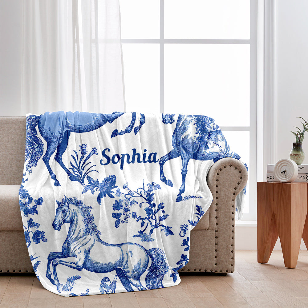 Couverture personnalisée pour cheval Toile de Jouy bleue et blanche