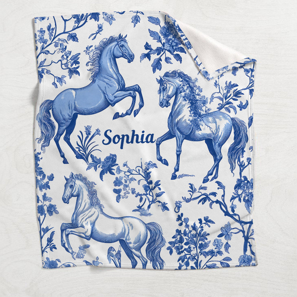 Couverture personnalisée pour cheval Toile de Jouy bleue et blanche