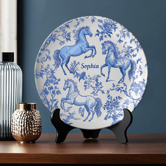 Assiette ronde en céramique personnalisée à motif cheval bleu et blanc Toile de Jouy