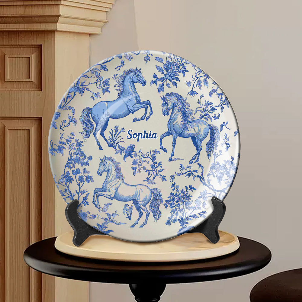 Assiette ronde en céramique personnalisée à motif cheval bleu et blanc Toile de Jouy