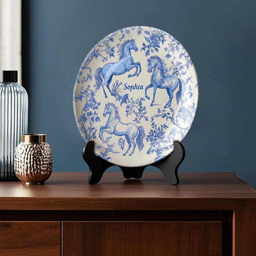 Assiette ronde en céramique personnalisée à motif cheval bleu et blanc Toile de Jouy