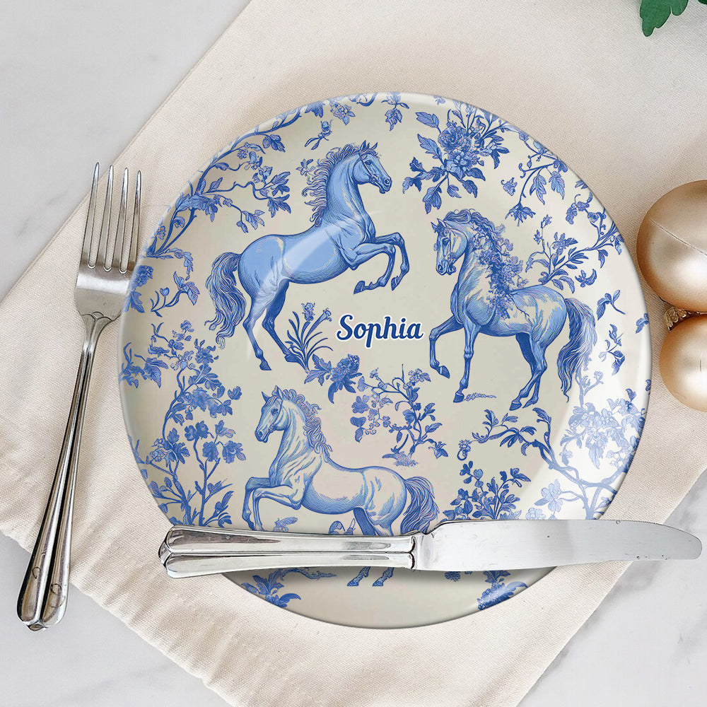 Assiette ronde en céramique personnalisée à motif cheval bleu et blanc Toile de Jouy