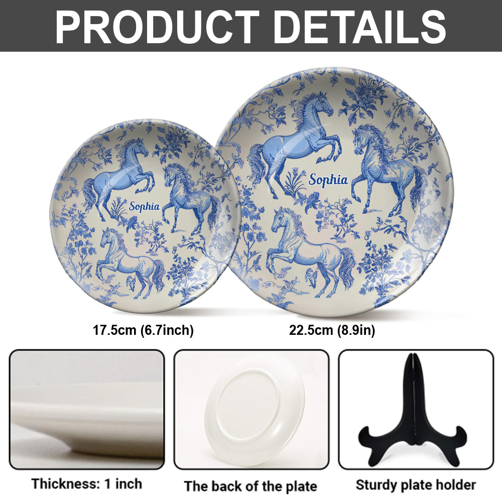 Assiette ronde en céramique personnalisée à motif cheval bleu et blanc Toile de Jouy
