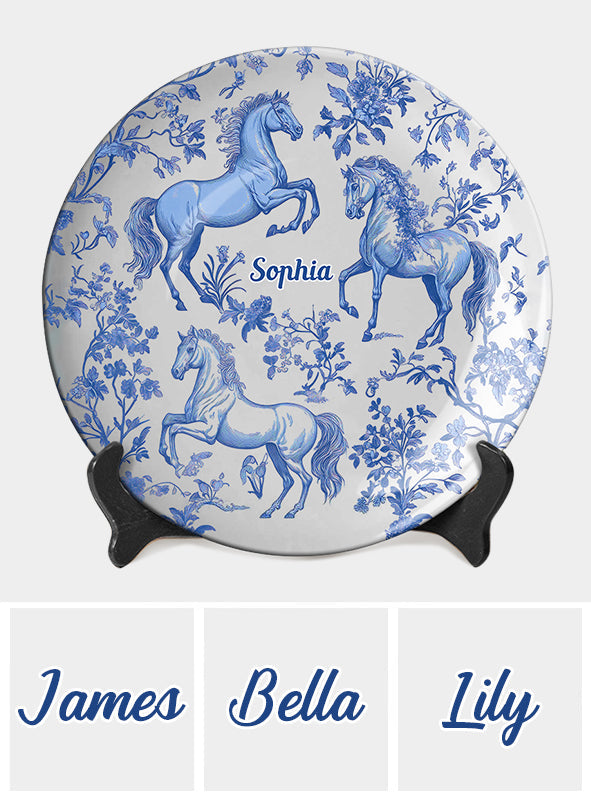 Assiette ronde en céramique personnalisée à motif cheval bleu et blanc Toile de Jouy