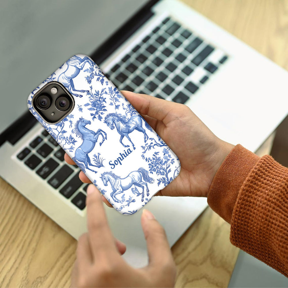 Coque de téléphone personnalisée avec motif cheval bleu et blanc Toile de Jouy - Coque de téléphone à motif cheval intégral