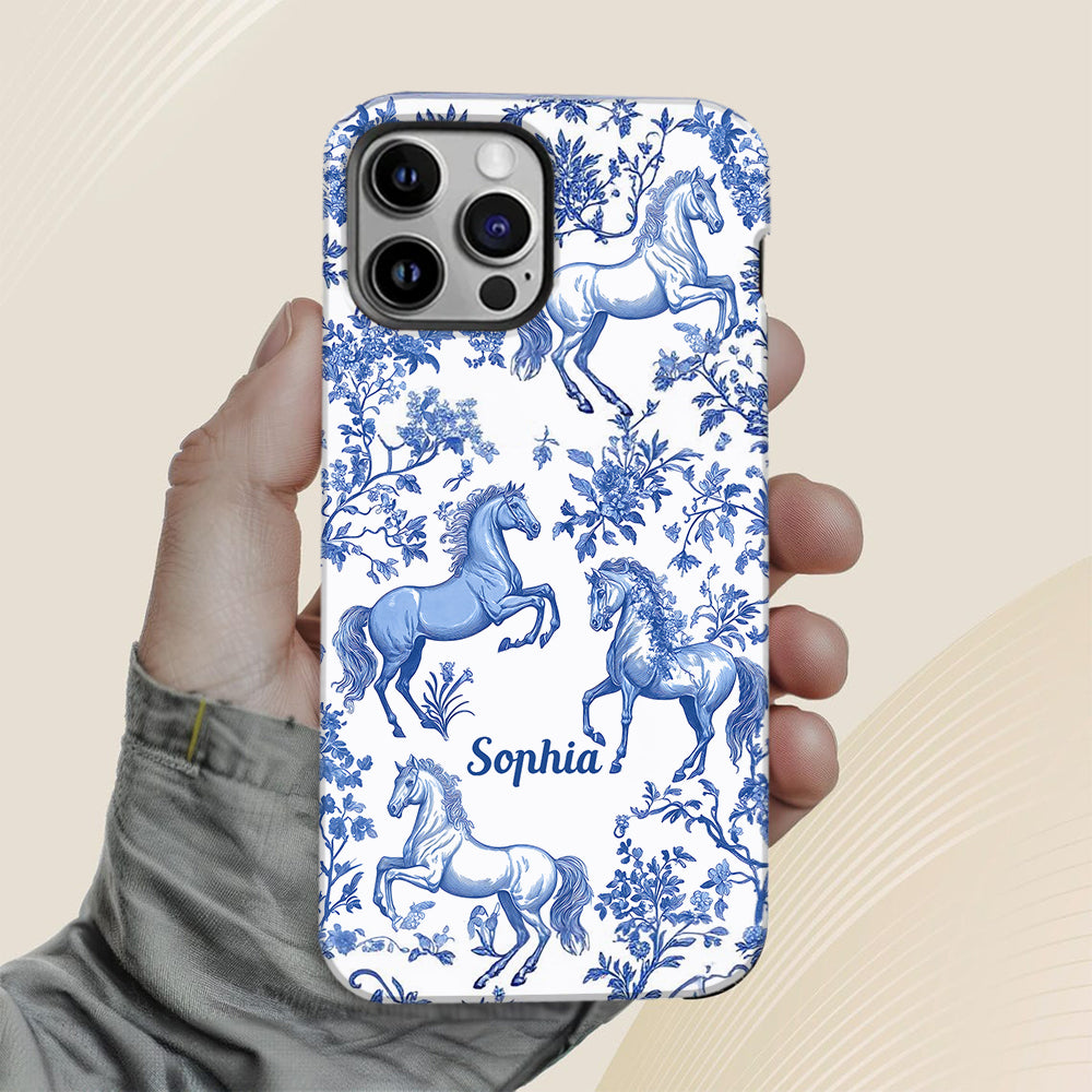 Coque de téléphone personnalisée avec motif cheval bleu et blanc Toile de Jouy - Coque de téléphone à motif cheval intégral