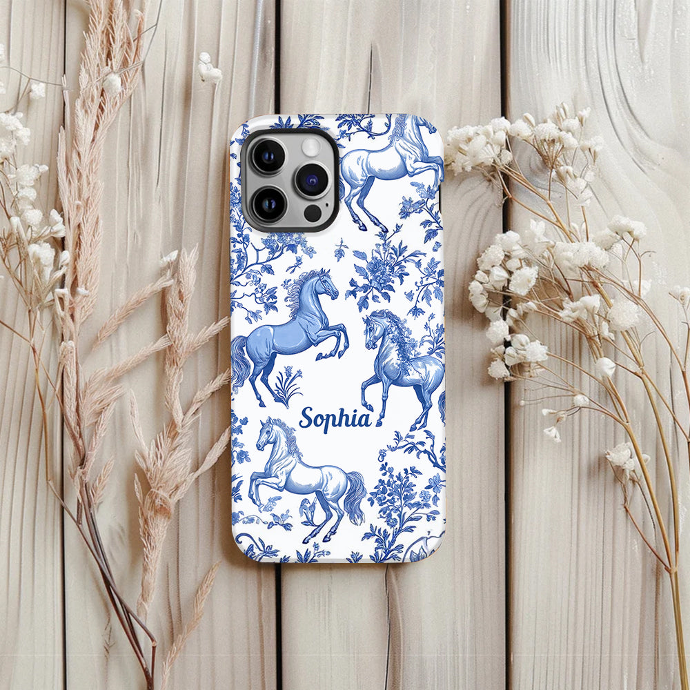 Coque de téléphone personnalisée avec motif cheval bleu et blanc Toile de Jouy - Coque de téléphone à motif cheval intégral