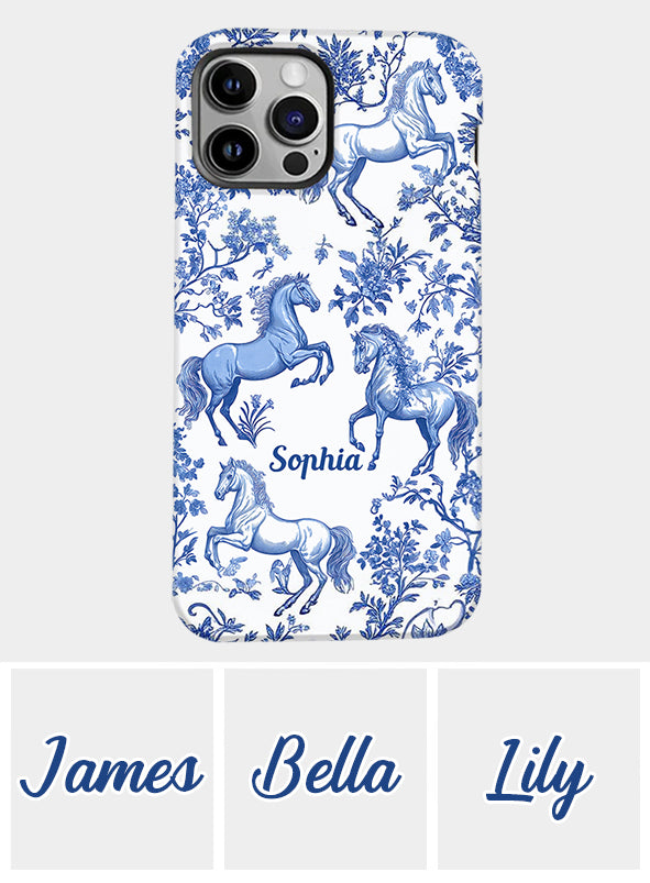 Coque de téléphone personnalisée avec motif cheval bleu et blanc Toile de Jouy - Coque de téléphone à motif cheval intégral