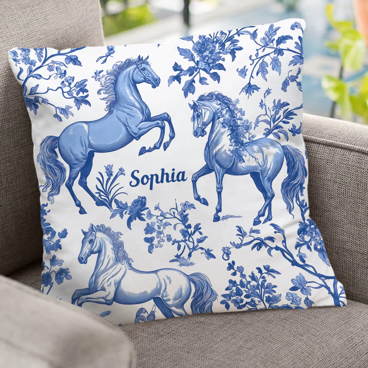 Coussin décoratif personnalisé à motif cheval bleu et blanc Toile de Jouy