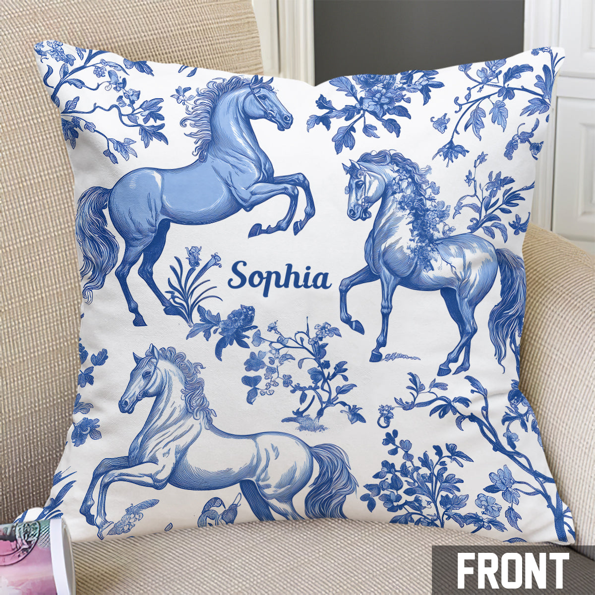 Coussin décoratif personnalisé à motif cheval bleu et blanc Toile de Jouy