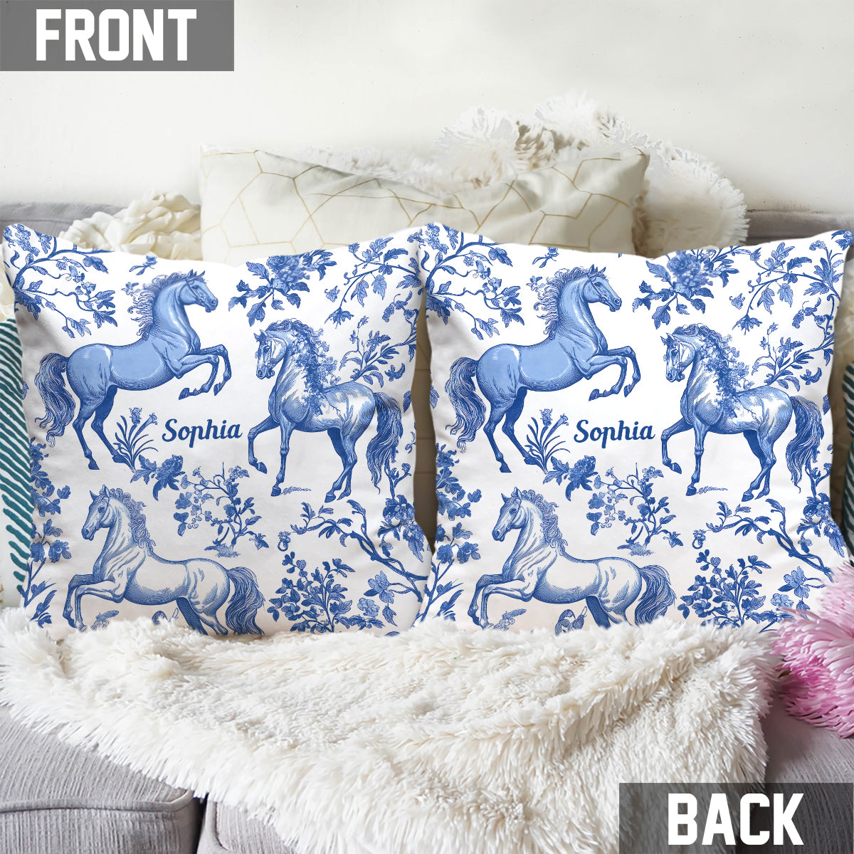 Coussin décoratif personnalisé à motif cheval bleu et blanc Toile de Jouy