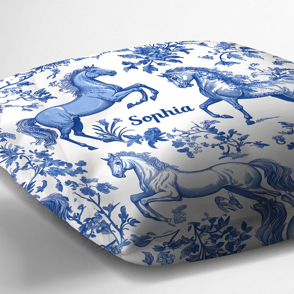 Coussin décoratif personnalisé à motif cheval bleu et blanc Toile de Jouy