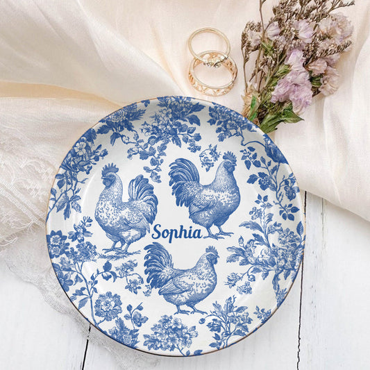 Toile de Jouy Poulet - Bijou Plat à Bijoux Poulet Personnalisé Entièrement Imprimé